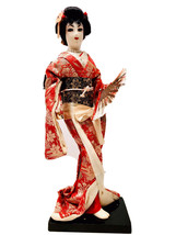 Vintage Japanese Geisha Fan Dancer Entertainer Nishi Doll On Wood Base 13” - £47.17 GBP