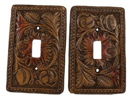 Set of 2 Western Tooled Floral Lace Faux Wood Wall Single Toggle Switch ... - £19.74 GBP