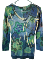 Bette Paige Sweater Green Floral Open Pleats Contrast Color Throughout M... - $17.50