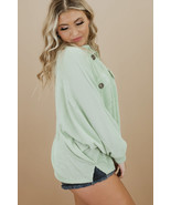 Green Plus Size Ribbed Pocketed Long Sleeve Henley Top - $22.15