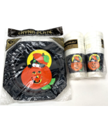 Vintage Halloween Party Plates and Cups Black Cat Jack O Lantern Plastic   - £21.81 GBP