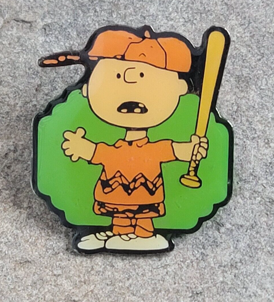 CHARLIE BROWN Orange Outfit Hat Baseball Bat Peanuts Vintage Lapel Pin - $15.99