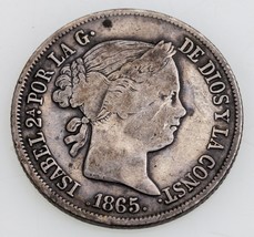1865 Spain 40 Centimos Silver Coin in Fine Condition, KM# 628.2 - $39.60