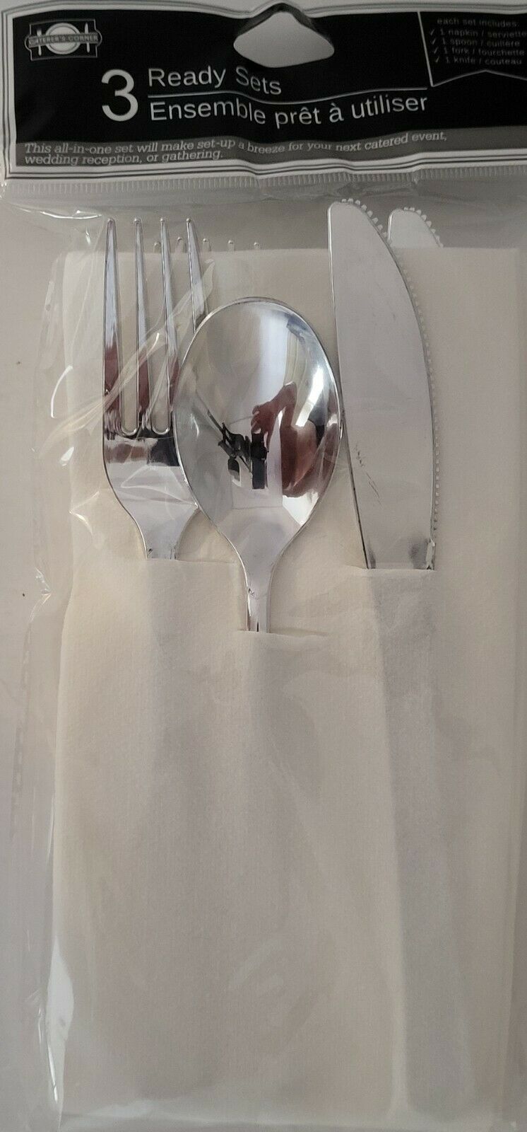 Plastic Silver Flatware Sets Fork, Spoon Knife &amp; Napkin 3 Ready Sets/Pk - $2.96
