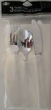 Plastic Silver Flatware Sets Fork, Spoon Knife &amp; Napkin 3 Ready Sets/Pk - £2.36 GBP