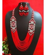 ethnic shiny red long seeds beads native american necklace with earings - £17.52 GBP