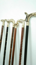 Antique Brass Handle Lot Of 6 Pieces Designer Head Walking Stick Wooden Cane - £133.13 GBP