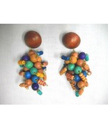 CHUNKY CLUSTER DROP BROWN BLUE PURPLE TAN COLOR BEADS DANGLING POST EARR... - $9.81 CAD