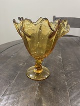 Vintage Mid Century Modern Amber Glass Footed Pedestal Vase Compote - $19.79