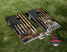 American Flag Sea Bass and Deer Burn Wood Cornhole Board Vinyl Wrap Lami... - £42.28 GBP