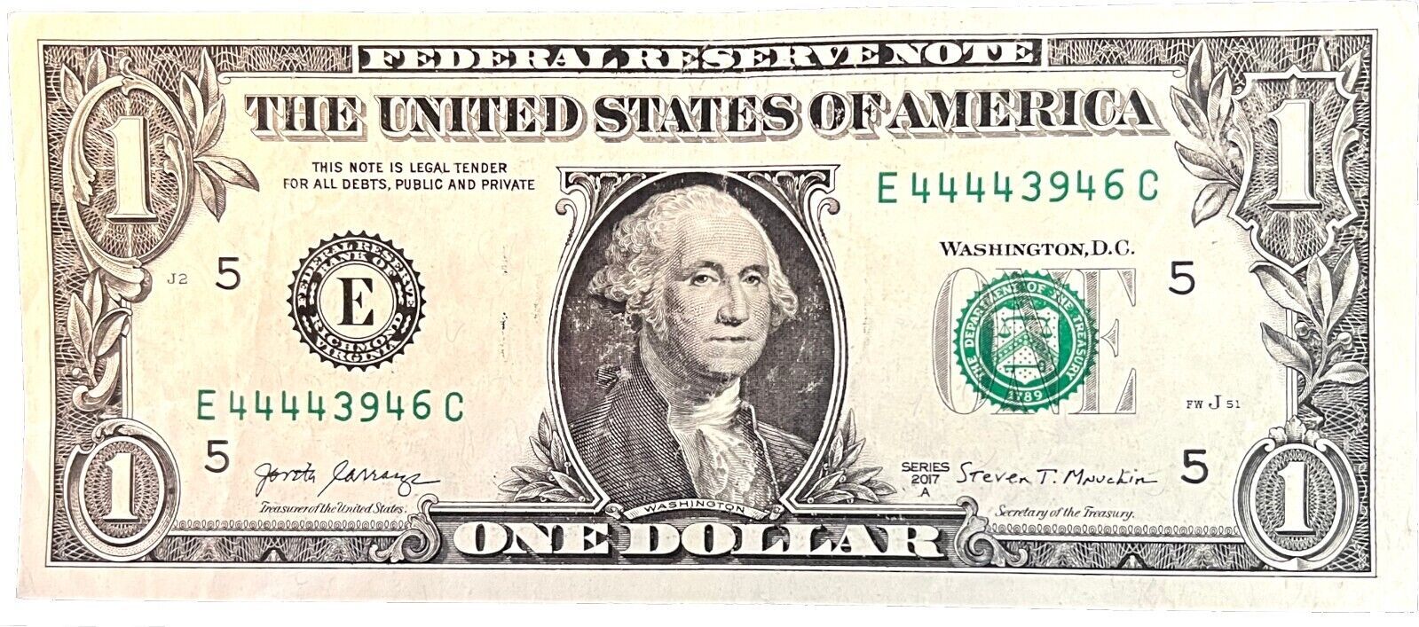 Primary image for $1 One Dollar Bill E 44443946 C 5 4s, 5 oak, fancy serial