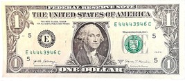 $1 One Dollar Bill E 44443946 C 5 4s, 5 oak, fancy serial - £2.34 GBP