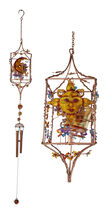 Celestial Sun Moon Christian Cross Art Glass Metal Candle Holder Wind Chime - $26.99