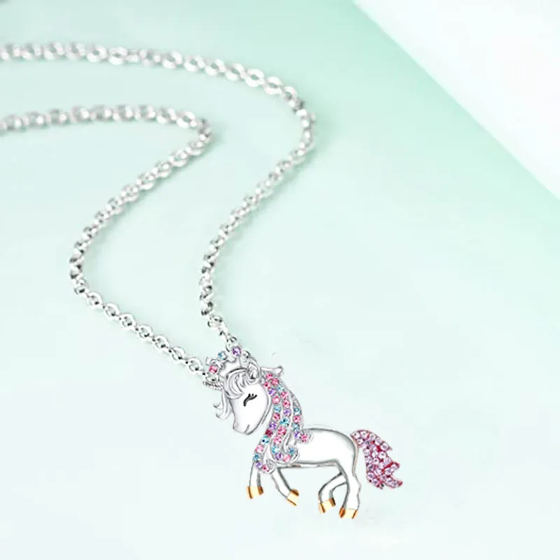 Play Unicorn Aklace Fashion Color Crystal Cute Play Cartoon Animal Jewelry Ladie - £23.18 GBP