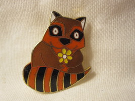 Vintage Aviva Cartoon Raccoon w/ Flower Pin - Brown, Orange, Black on Gold - $8.00