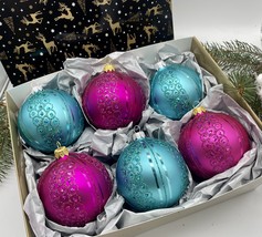 Set of blue and purple Christmas glass balls, hand painted ornaments with box - £42.85 GBP