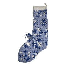 Vintage Crocheted Christmas Stocking Granny Square 2 Sided Pale Blue White Bell - £11.21 GBP
