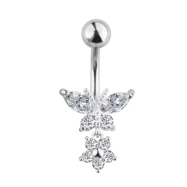 Crystal Butterfly Silver Dangel Belly Button Ring - 14 Gauge - $12.99