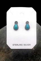 Signed Navajo Sterling Silver Natural Turquoise Squash Blossom Stud Earrings - $84.99