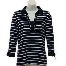 Karen Scott Women&#39;s Striped Shirt S Small Black White Collared 3/4 Sleev... - £11.26 GBP