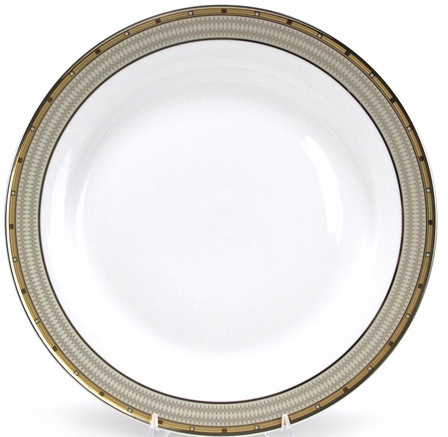Primary image for Mikasa Retired Cambride 12" Chop Plate Y0501 Gold Gray Bands Over Glossy White