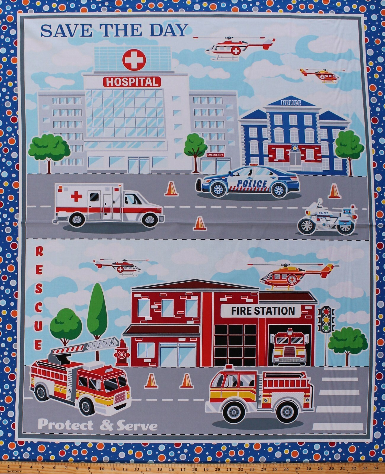 35&quot; X 44&quot; Panel Save the Day Hospital Police Fire Station Cotton Fabric ... - $13.56