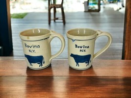 Bovina NY Hand Thrown Pottery Cow Coffee Mug Cup Beige Blue JK Set Of 2 - £18.28 GBP