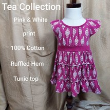 Tea Collection Pink &amp; White Print 100% Cotton Ruffled Hem Top Size 12-24... - $17.00