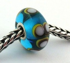Authentic Trollbeads OOAK Turquoise &amp; White Dot Glass Bead Charm #102,  New - £24.97 GBP
