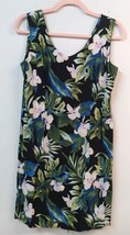 VTG Banana Jack WM Large Hawaiian Mini Sheath Dress Black  Tropical Hibiscus Lea - $29.02