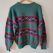 NOS VTG Claiborne Grandpa Sweater Large Crewneck Geometric Geen L Cotton 80s 90s - £27.53 GBP