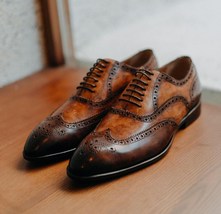 Handmade Bespoke Leather Oxfords Wingtip - Men&#39;s Brown Leather Dress Shoes - £144.76 GBP