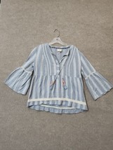Knox Rose Blouse Top Womens M Blue Striped Tasseled Bell Sleeves Cotton Boho - £19.36 GBP
