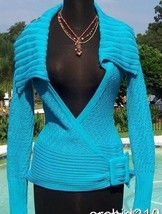 Cache Wrap Belt Cable Knit Jacket Top New Sz XS/S Ocean Blue Stretch $98 NWT - £31.50 GBP