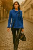 Jaskar Royal Blue Black Trim Asymmetrical Buttons Cardigan Jacket HX-067... - $89.99