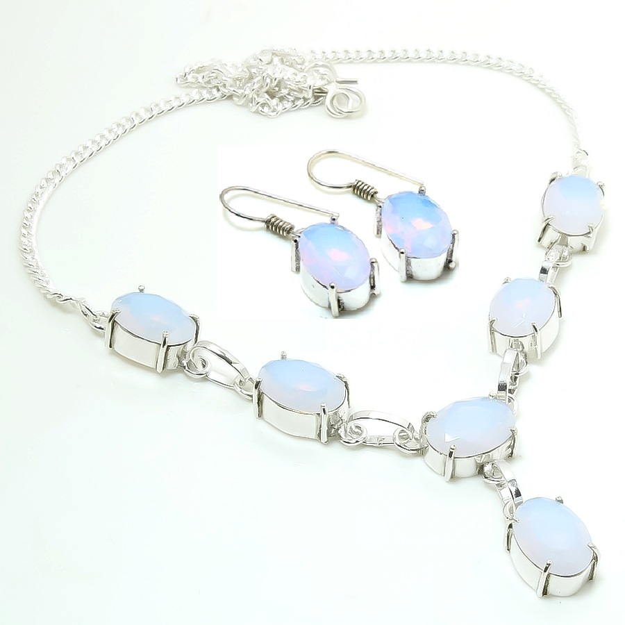 Milky Opal Oval Shape Handmade Black Friday Gift Necklace Set Jewelry 18" SA 708 - £6.38 GBP