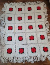 Vintage Hand Crocheted 3D Rose Granny Afghan Blanket Throw White Red 59 X 65  - £32.55 GBP