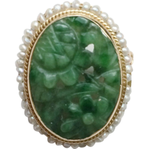 Exquisitely Carved Jade Brooch in 14k Gold with Seed Pearls, Art Deco - £627.69 GBP