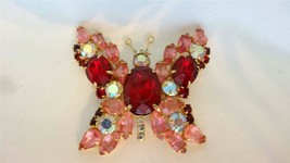 Vintage Prong Set Rhinestones Open Back AB Ruby Red Butterfly Brooch Pin - £77.84 GBP