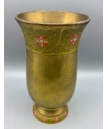 Vtg Brass Flower Vase Pink Floral Enamel Design - $439.11 MXN