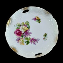 Handled Porcelain Cake Plate White Pink Flowers Roses Embossed Cottage Vintage - £7.70 GBP