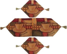 Set of 3 Pieces Smell of Coffee Café Cup Orange Brown Woven Tapestry Dining - $85.56 CAD