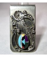 Vintage Native American Nickel Silver Multi Stone Inlay Money Clip K1194 - £42.81 GBP