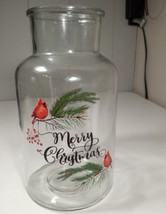Vtg Glass Pitcher Cookie Jar Flower Vase Merry Christmas Red Cardinals Decor 10&quot; - £11.17 GBP