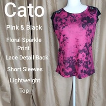 Cato Pink &amp; Black Floral Print Sparkle Detail Lace Cut Out Back Top Size M - £7.98 GBP