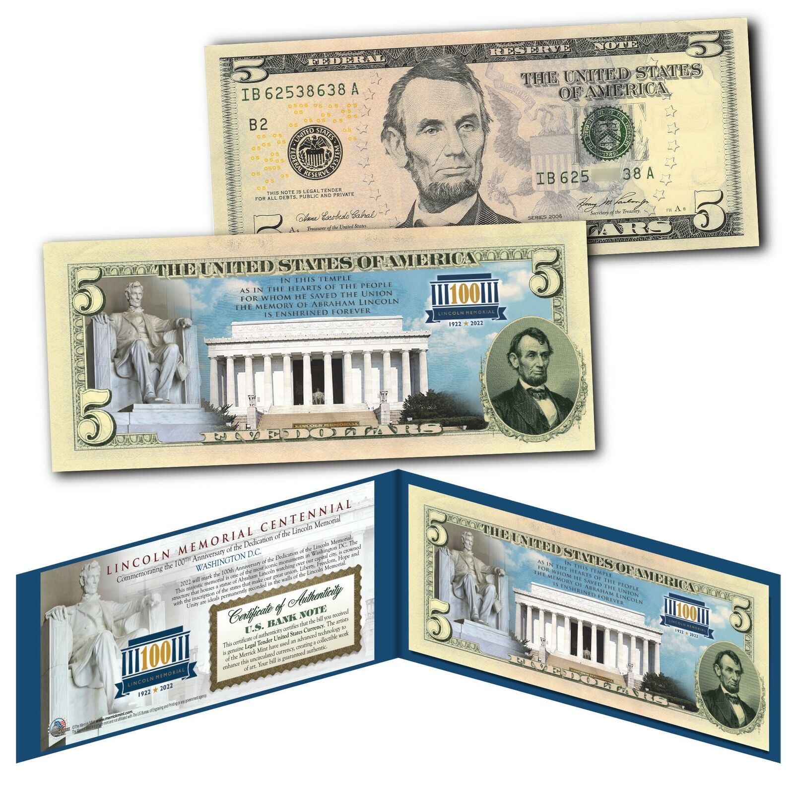 LINCOLN MEMORIAL 100th Anniversary CENTENNIAL 1922-2022 Official U.S. $5 Bill - £18.34 GBP