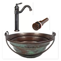 15&quot; Round Copper Bucket Vessel Sink with GREEN Patina, Faucet &amp; Drain Included - £258.56 GBP