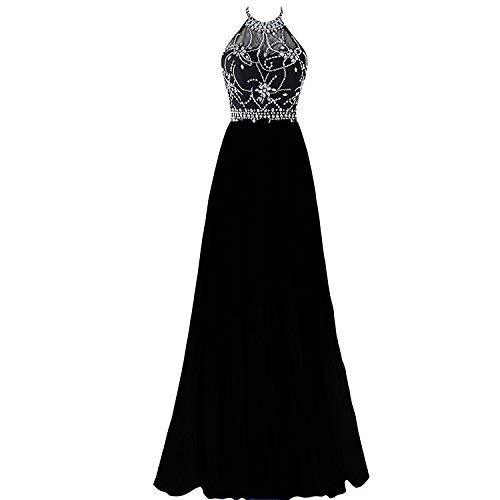 Kivary Sheer Beaded Halter Gradient Ombre Chiffon Long Prom Evening Dress Black