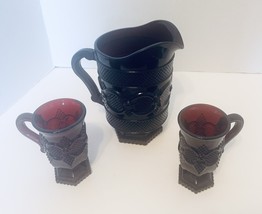 Avon Cape Cod Collection Pitcher with Two Pedestal Mugs Ruby Red Glass - $44.55