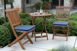 3 Piece Outdoor Bistro Set Blue Cushions Premium Wood Balcony Porch Deck New - £258.91 GBP